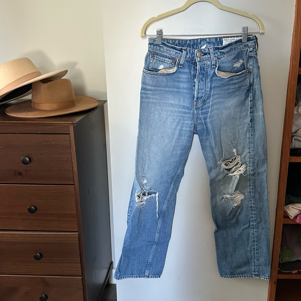 rag & bone Women's Light Blue Distressed Straight Jeans
